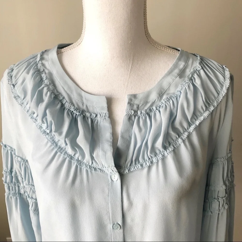 ECRU | The Bacall Silk Baby Blue Button Down Blouse  Sz S - Picture 5 of 9